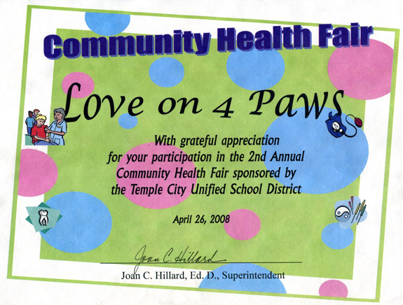 Certificate from Community Health Fair, Temple City Unified School District