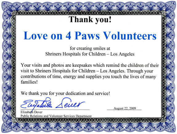 Certificate from Shriners Hospital for Children - Los Angeles