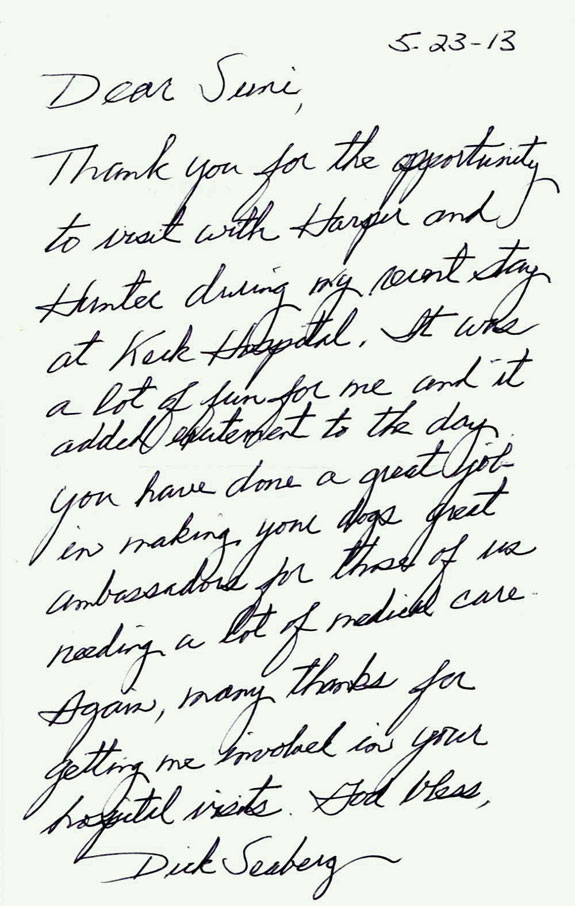 Handwritten letter from patient who was visited by therapy dogs