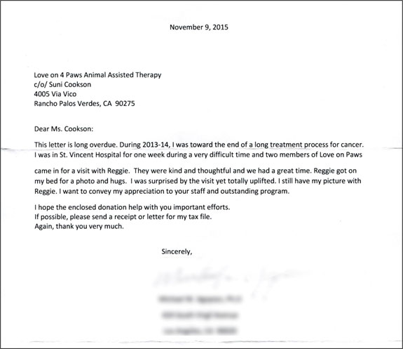 Testimonial letter from cancer patient at St. Vincent's hospital